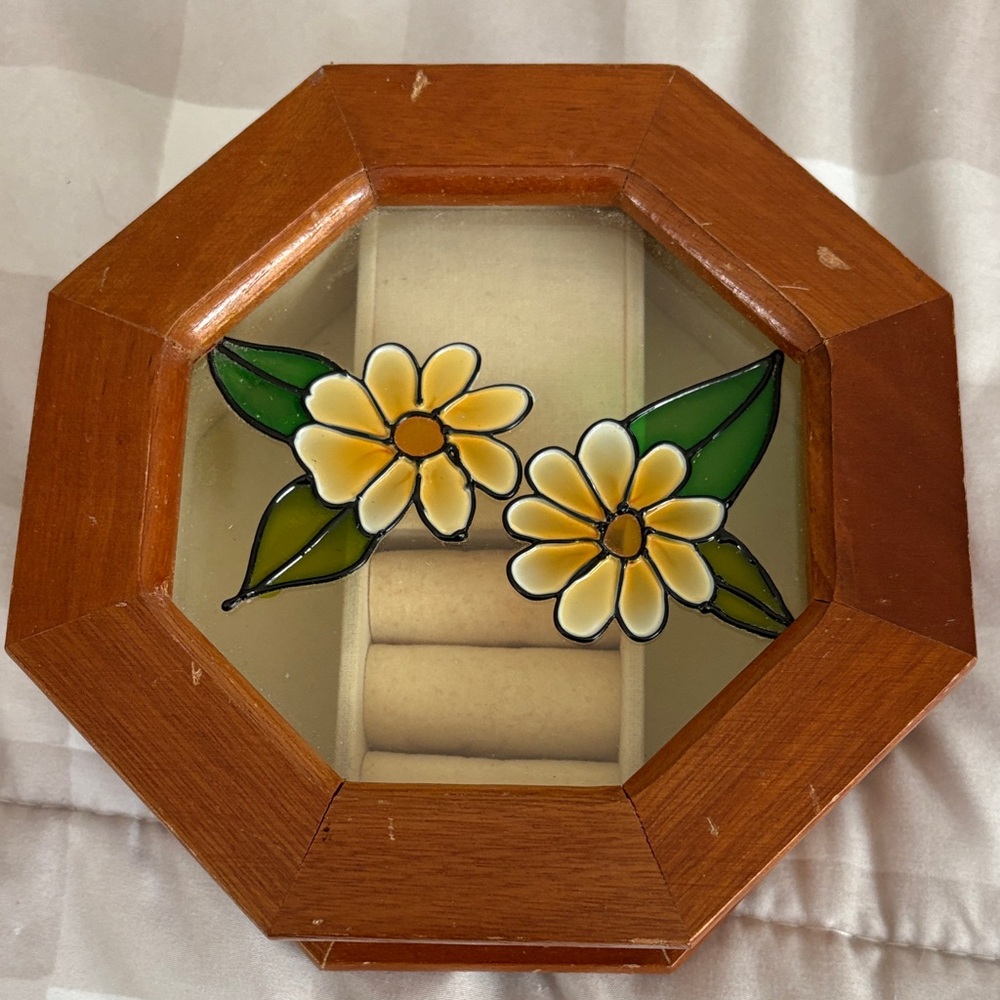Octagonal Wood Musical Jewelry Box with Yellow Floral Glass Lid